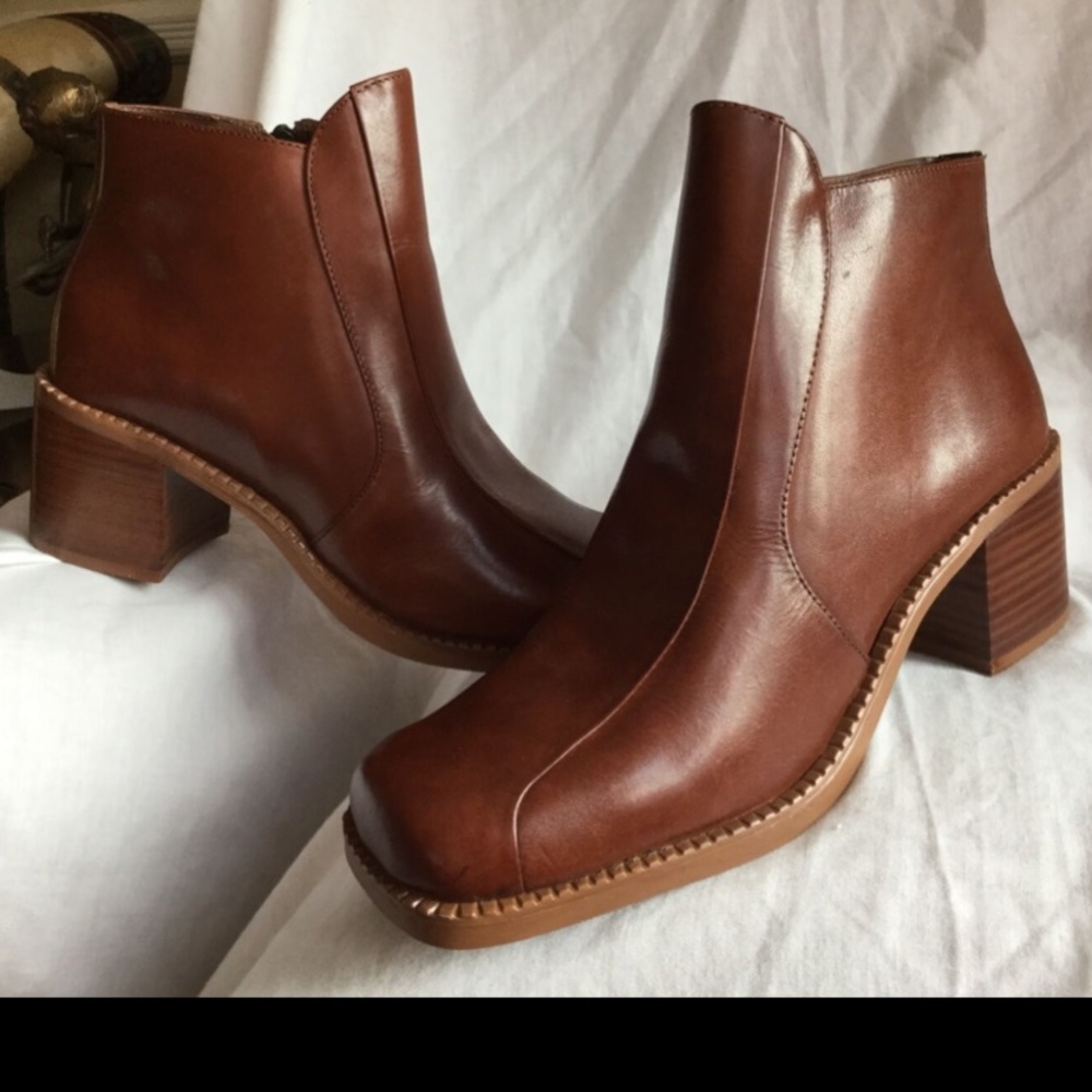 VNTG 90’s SQUARE Toe LEATHER Ankle BOOTS Booties Brazil~Chestnut 7M Never Worn! - Picture 4 of 12